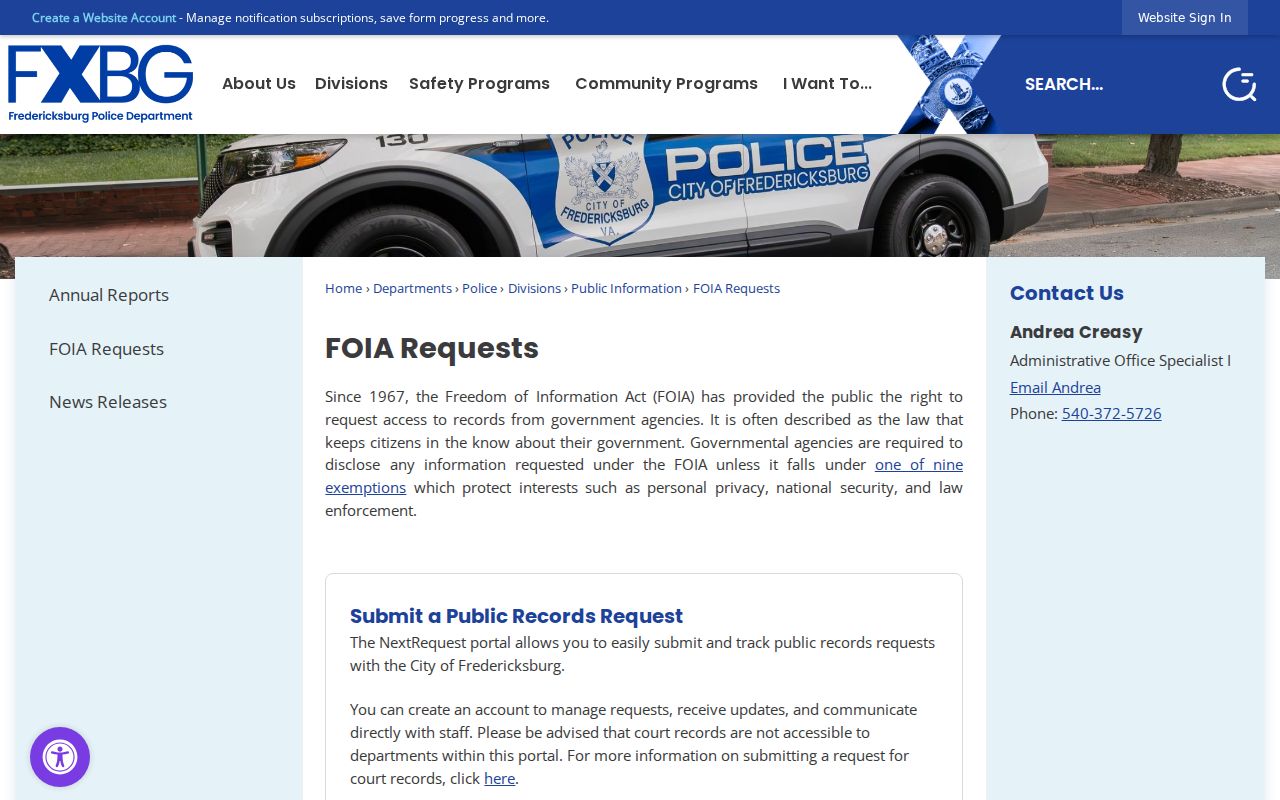 Fredericksburg resident lookup reference showing the city NextRequest portal
