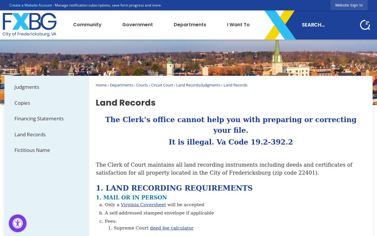 Fredericksburg street directory deed research through the Circuit Court Clerk land-record search