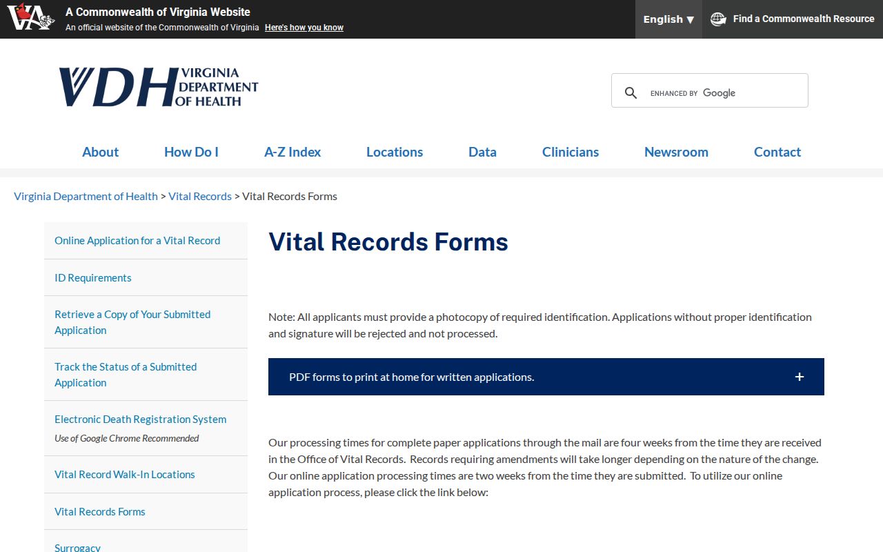 Fredericksburg residents directory Virginia vital records applications